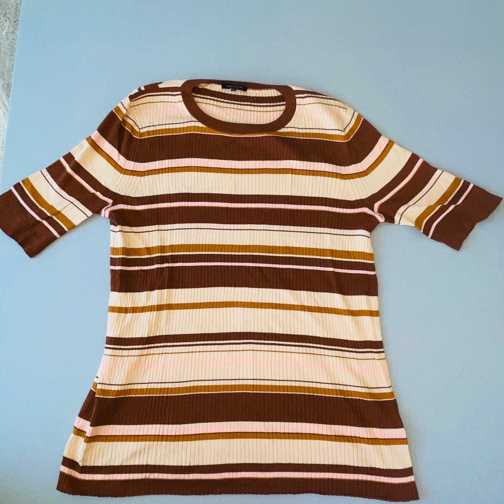 LAFAYETTE 148 NEW YORK Cotton Silk Ribbed Striped Short Sleeve Sweater XXL Fall